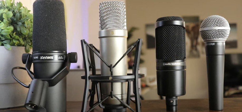 Photo of different microphones arranged on a table