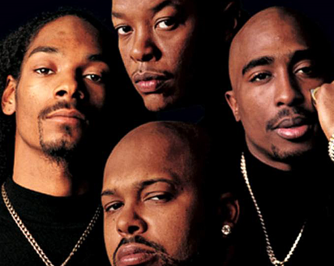 The February 1996 issue of Vibe Magazine featuring Snoop Dogg, Dr. Dre, Tupac, and Suge Knight of Death Row Records.