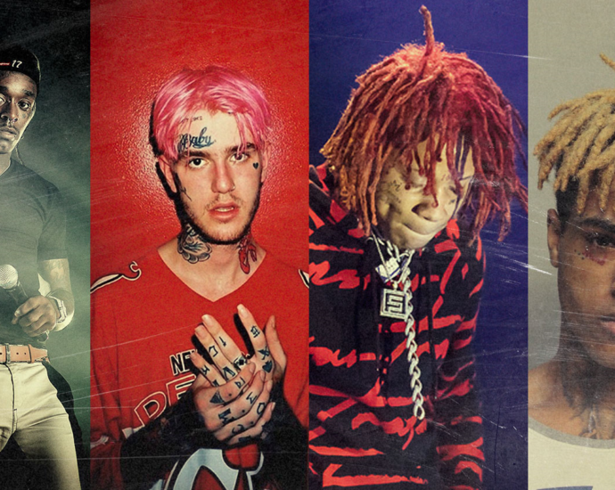 picture of four emo rap artists - Lil Peep, Trippie Redd, XXXTentacion, and Juice WRLD.