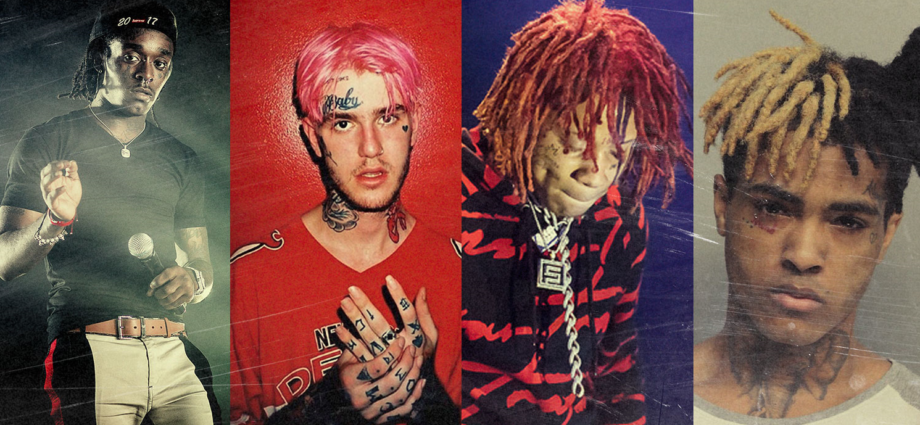 picture of four emo rap artists - Lil Peep, Trippie Redd, XXXTentacion, and Juice WRLD.