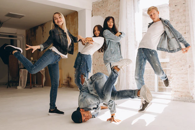 A group of friends enjoying a lively trap rap dance session