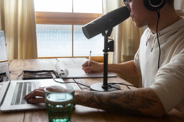 Man reading text into a microphone