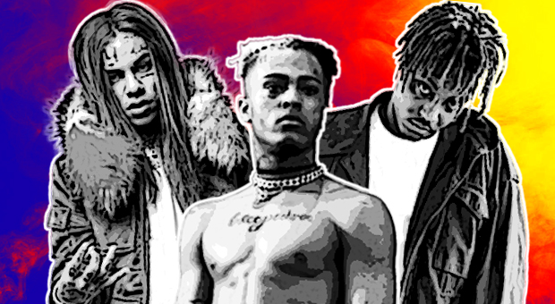 Popular Emo Rap artists Lil Peep, Trippie Redd, XXXTentacion depicted on colourful background