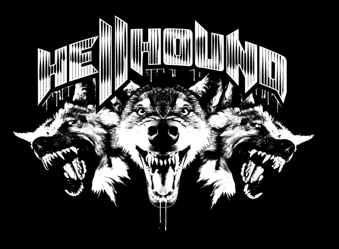 The logo of Hellhound Music Rehearsal & Recording Studio, featuring a growling hounds