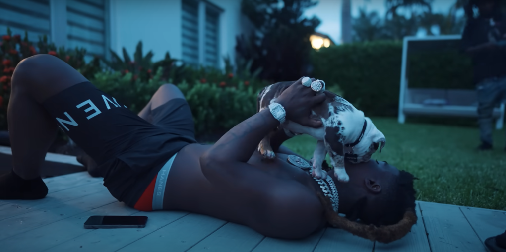 Hotboii holding his dog over him on wooden floor outside near the house