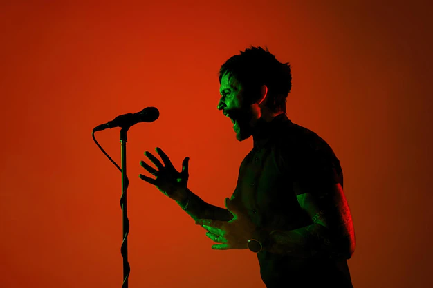 Man with a microphone performs on stage